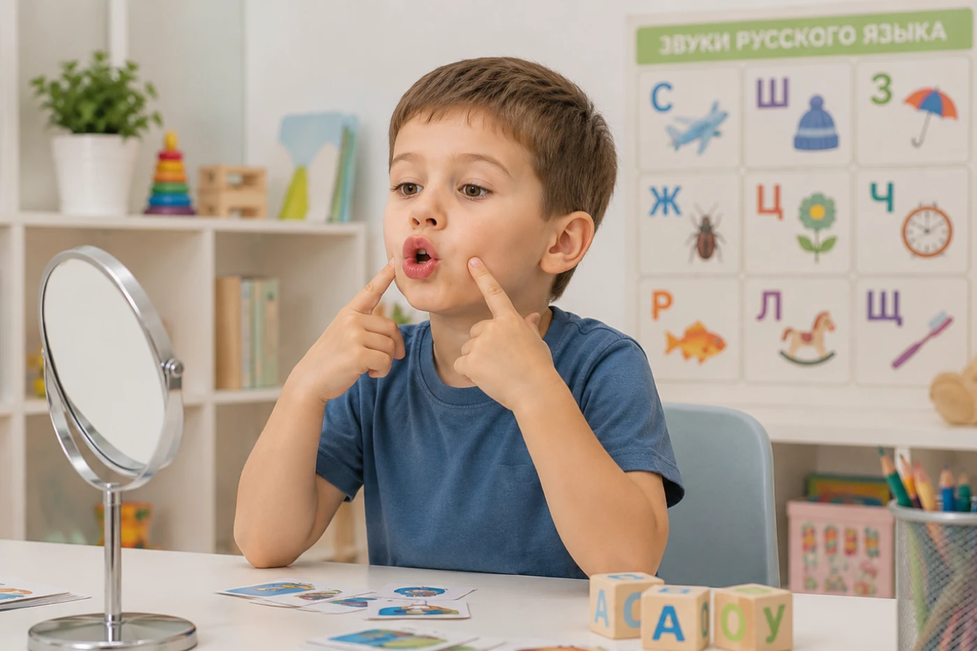 Ребенок выполняет упражнения для постановки звуков перед зеркалом
