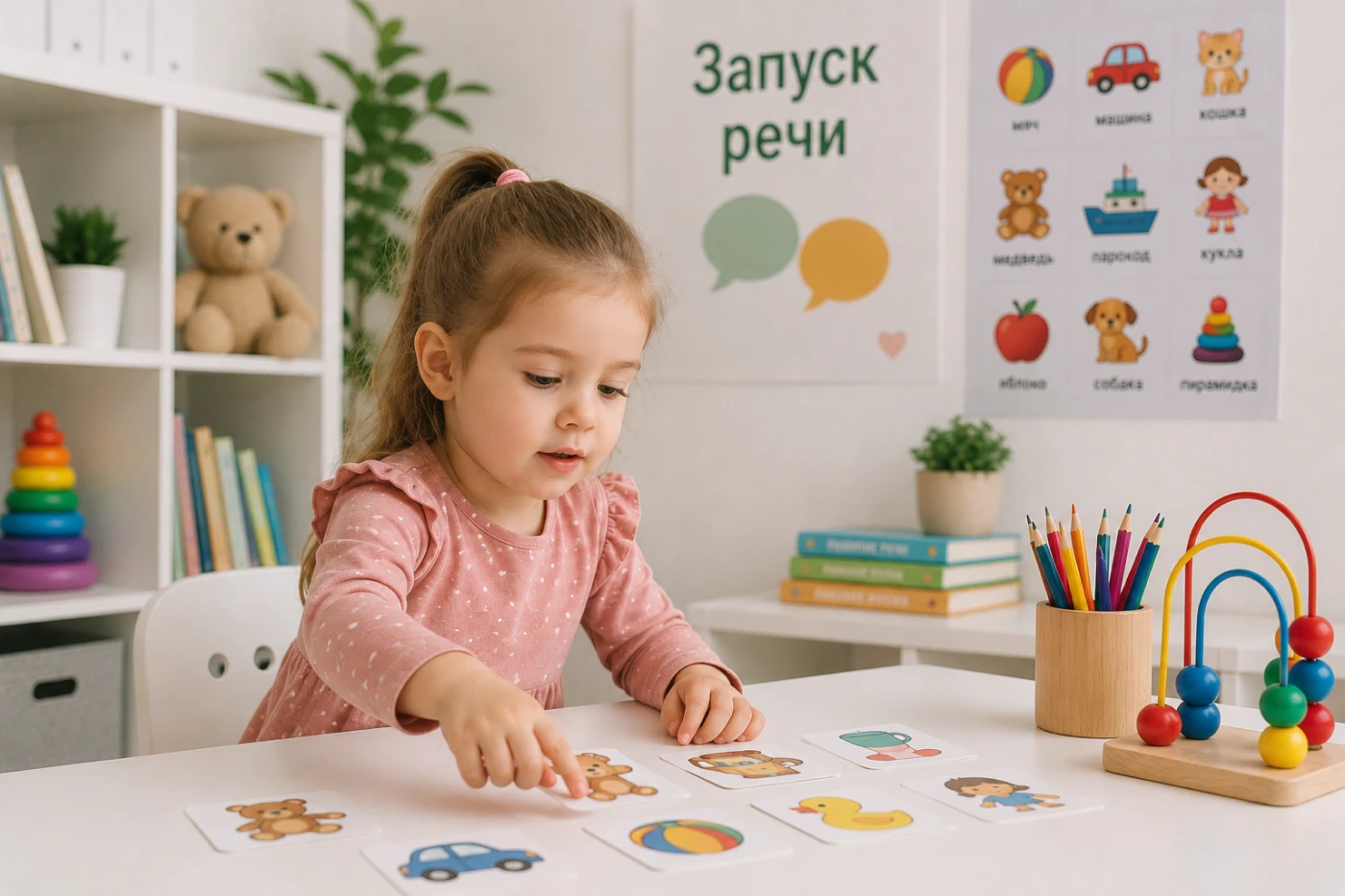 Девочка выполняет задания на развитие речи в кабинете логопеда